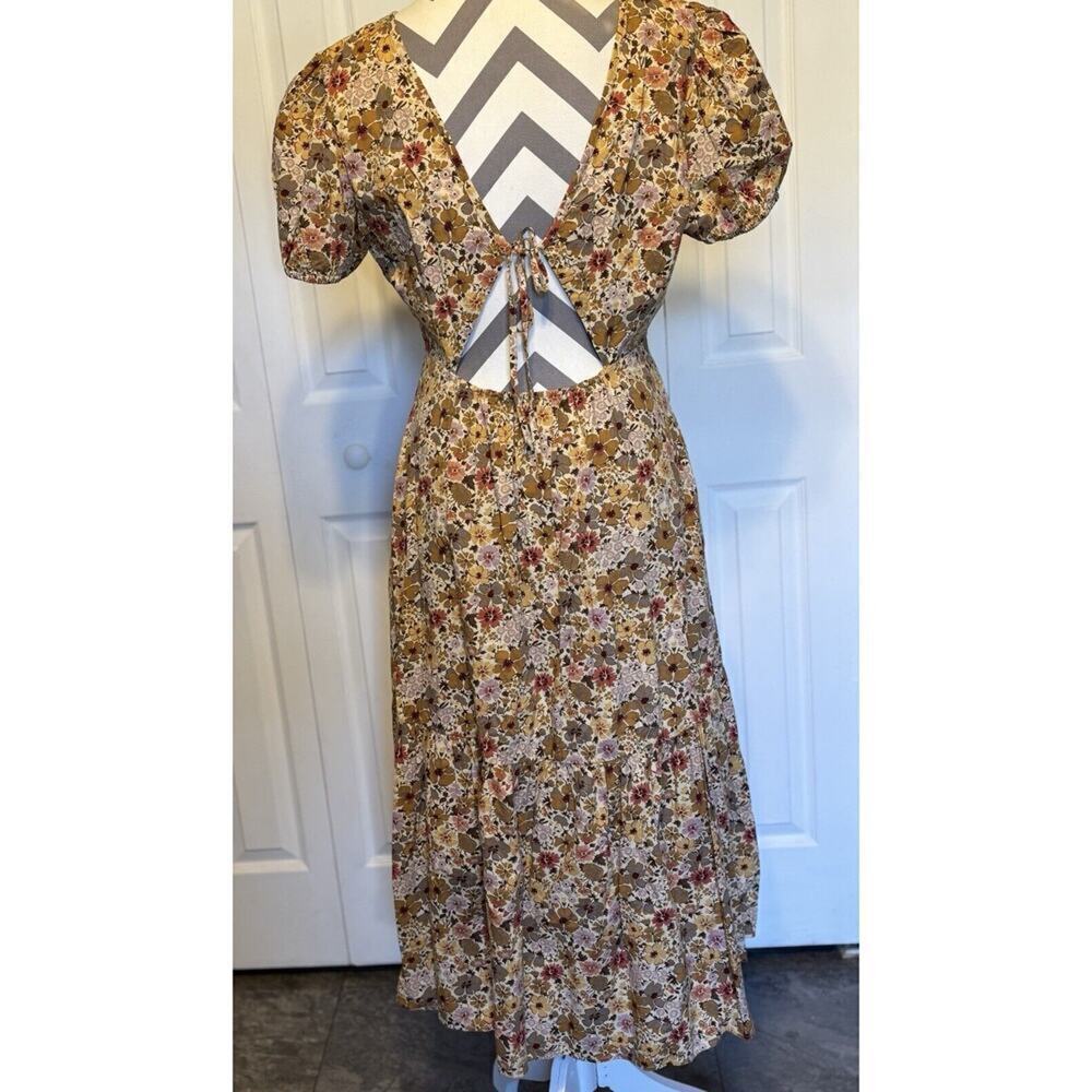 Madewell Floral Midi Dress 8 Puff Sleeves Open Back Pockets Tiered Prairie